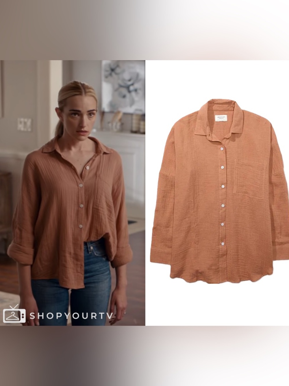 American Eagle Go Big Oversized Gauzy Shirt in Bronze | L - Picture 7 of 8